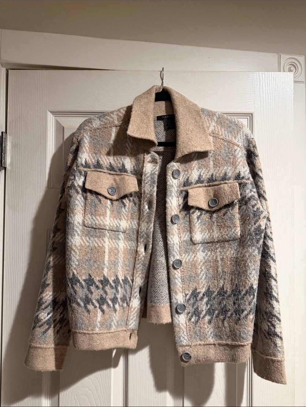 Tahari Plaid Teddy Shacket in Beige and Gray
